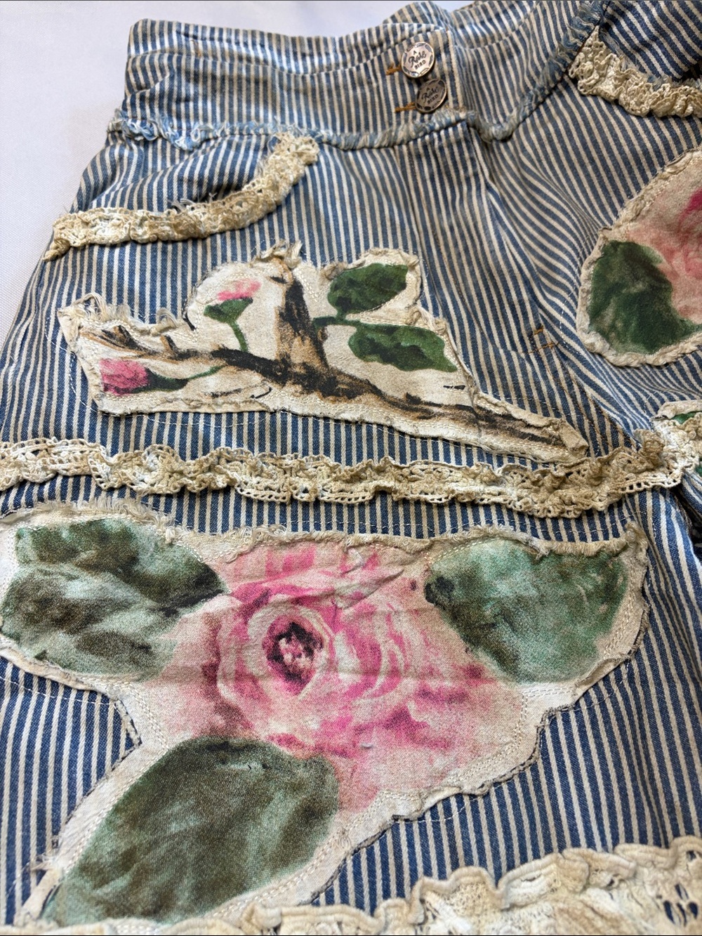 NWT A RARE BIRD Bohemian Vintage Rose Ticking High Waist Lace Denim Blue Stripe - Picture 12 of 16